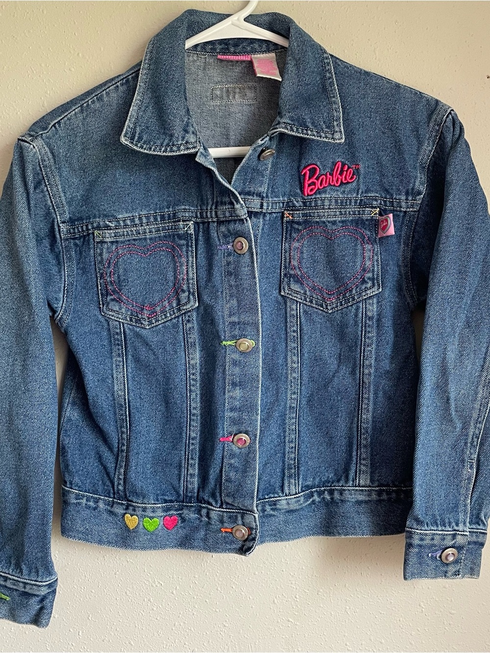 Vintage Y2K Barbie Blue Denim Jacket with Pink Logo and Multicolor Heart Accents